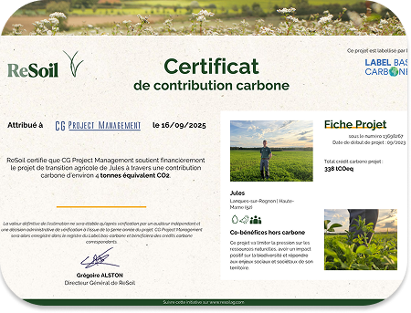 Photo du certificat du projet Resoil, porté par Jules dans le cadre d’une démarche bas carbone