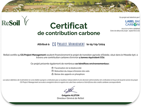 Photo du certificat du projet Resoil, attestant de son label bas-carbone